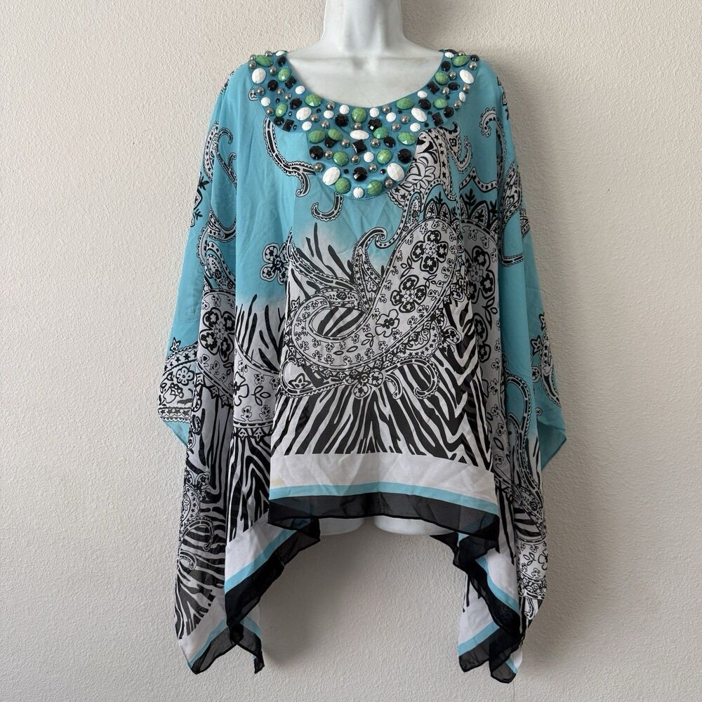 Soft Surroundings Poncho Tunic Top OS Blue Paisley Zebra Chiffon Beaded Boho